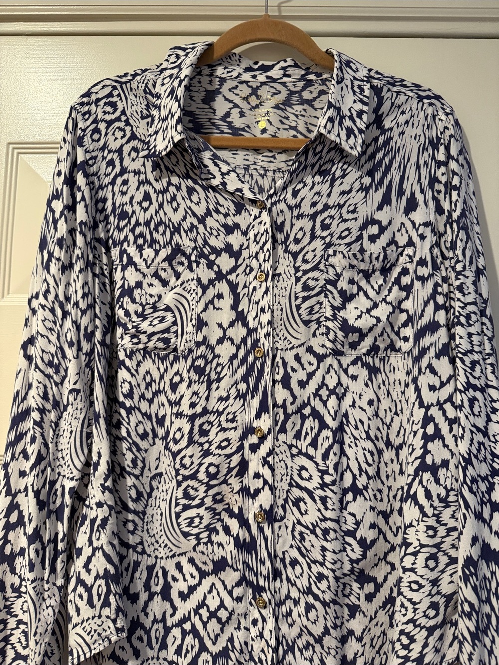Lilly Pulitzer Navy & White Ikat Print Button-Down Shirt Casual Office Preppy L - Picture 5 of 12